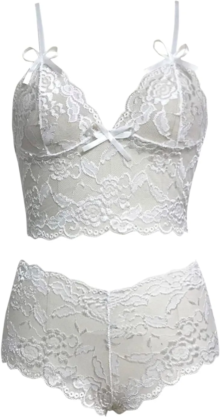 Women 2 Pieces Sexy Sheer Floral Lace Bralette and Panty Set Lingerie Babydoll Nightgown Outfits High Waist Sleepwear