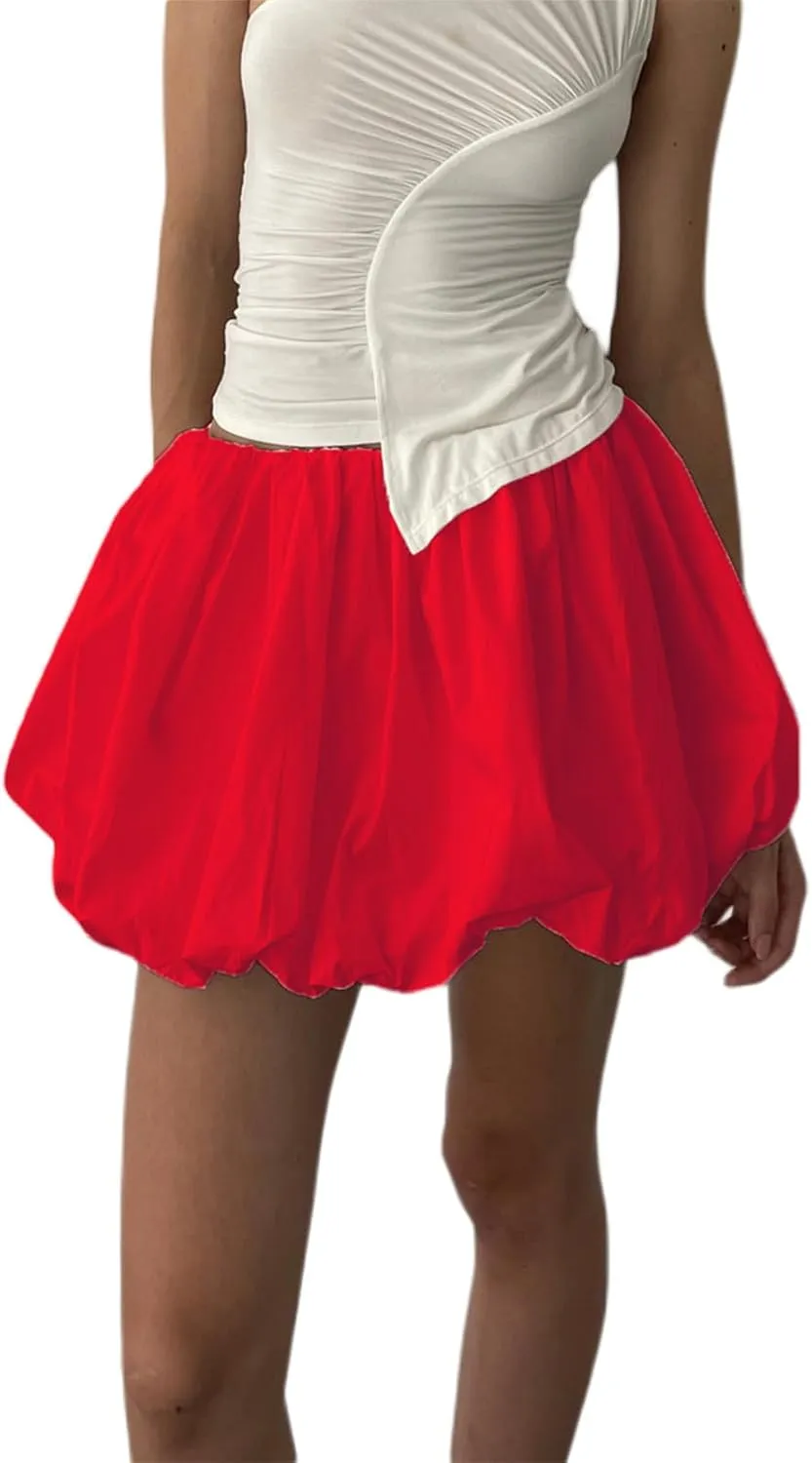 Women Bubble Skirt Y2k Ruffle Hem Mini Puffy Balloon Skirts Fairy Cute Streetwear