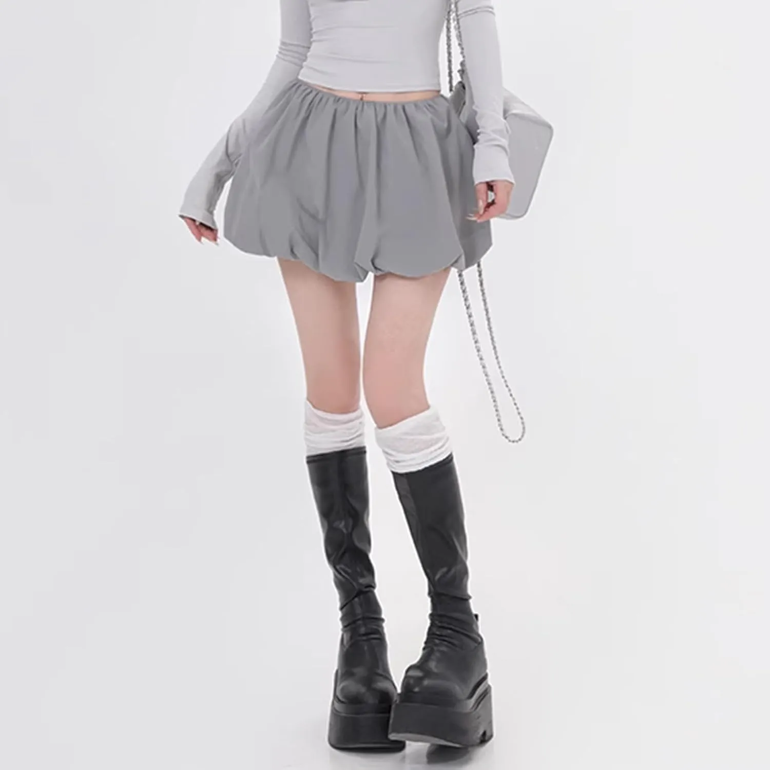 Women Bubble Skirt Y2k Ruffle Hem Mini Puffy Balloon Skirts Fairy Cute Streetwear
