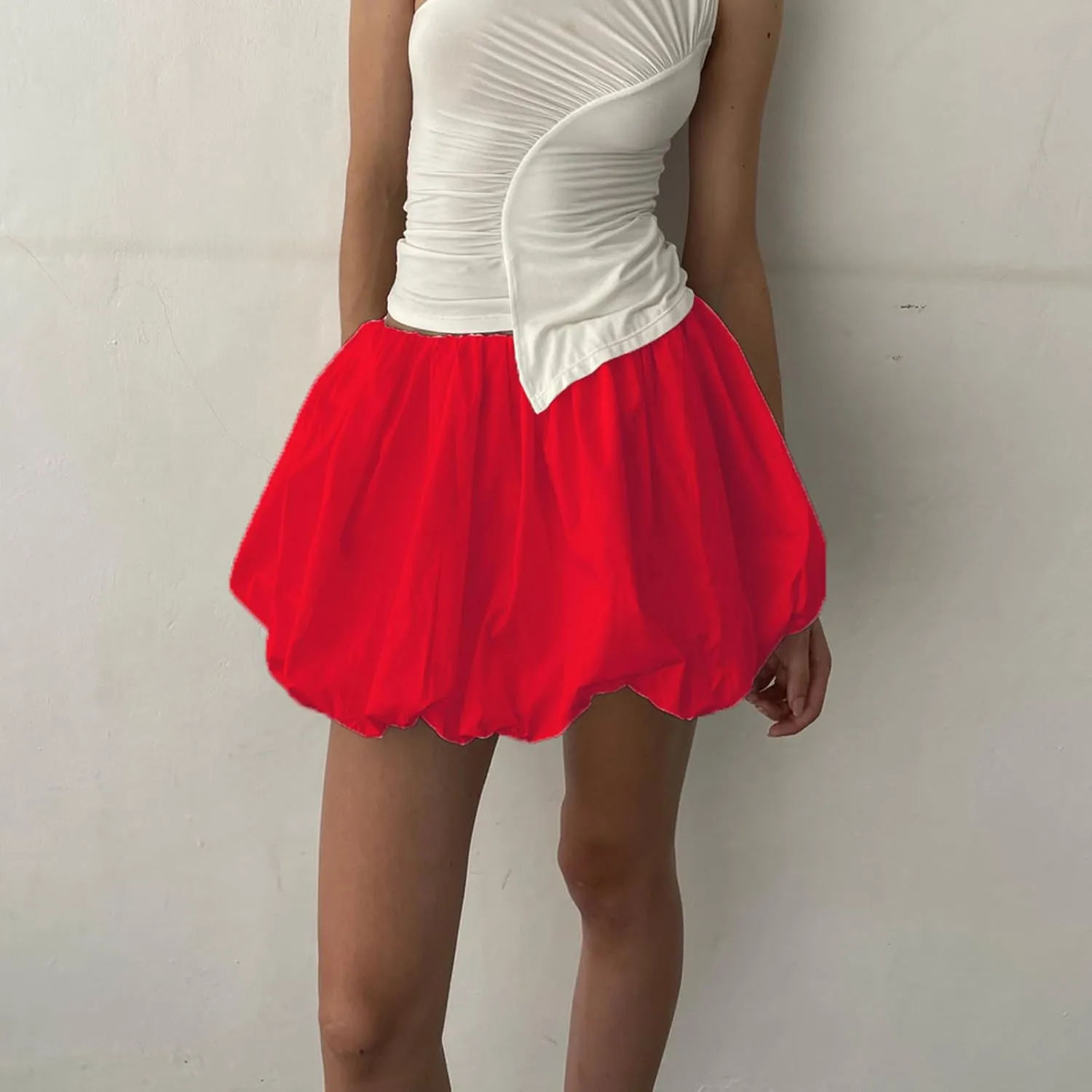 Women Bubble Skirt Y2k Ruffle Hem Mini Puffy Balloon Skirts Fairy Cute Streetwear