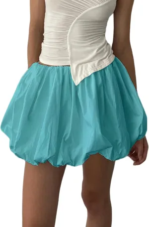 Women Bubble Skirt Y2k Ruffle Hem Mini Puffy Balloon Skirts Fairy Cute Streetwear