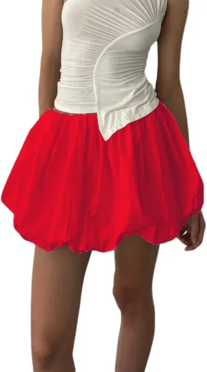 Women Bubble Skirt Y2k Ruffle Hem Mini Puffy Balloon Skirts Fairy Cute Streetwear