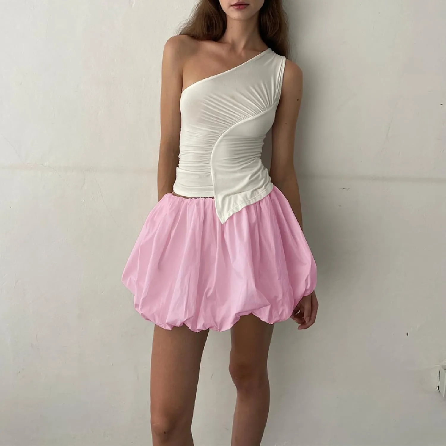 Women Bubble Skirt Y2k Ruffle Hem Mini Puffy Balloon Skirts Fairy Cute Streetwear