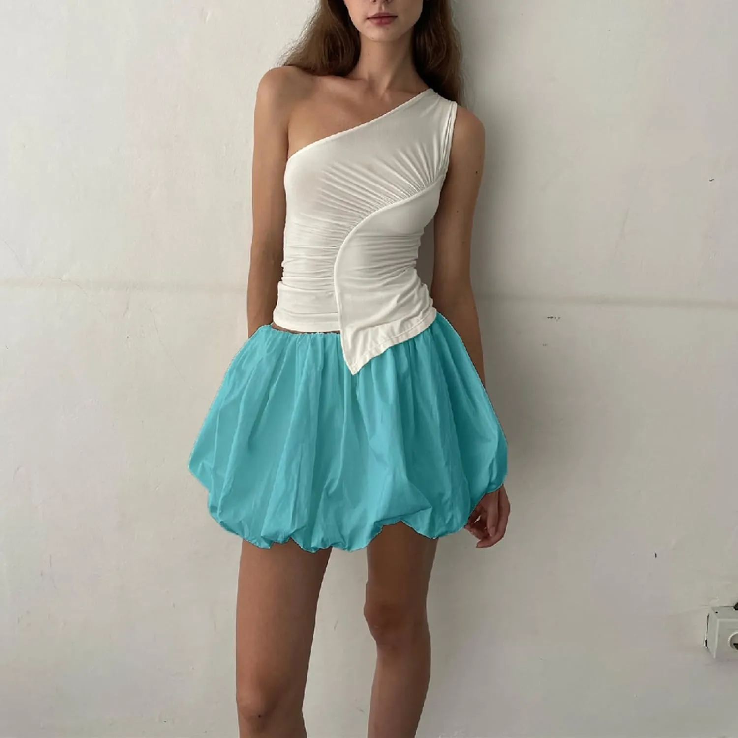 Women Bubble Skirt Y2k Ruffle Hem Mini Puffy Balloon Skirts Fairy Cute Streetwear
