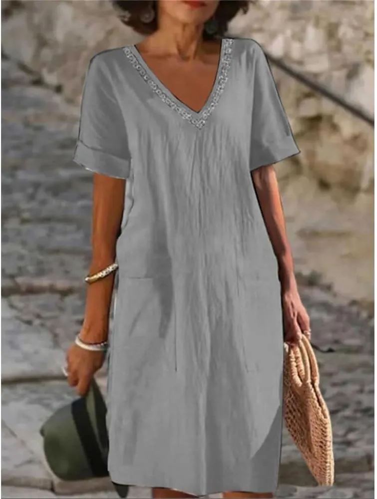 Women Cotton Linen Midi Dress 2024 Lace Trim V Neck Short Sleeve A Line Dress Summer Beach Tunic Dress with Pocket