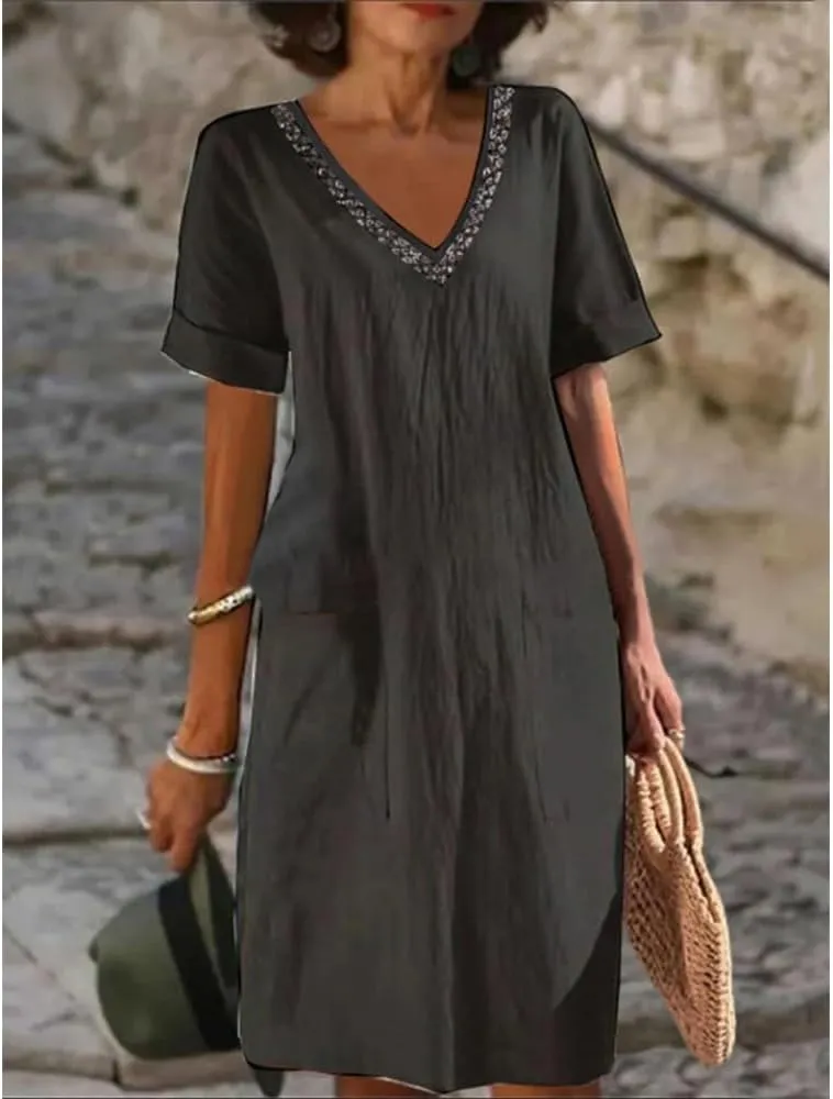 Women Cotton Linen Midi Dress 2024 Lace Trim V Neck Short Sleeve A Line Dress Summer Beach Tunic Dress with Pocket