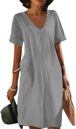 Women Cotton Linen Midi Dress 2024 Lace Trim V Neck Short Sleeve A Line Dress Summer Beach Tunic Dress with Pocket