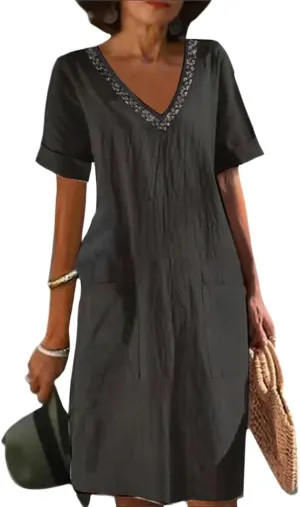 Women Cotton Linen Midi Dress 2024 Lace Trim V Neck Short Sleeve A Line Dress Summer Beach Tunic Dress with Pocket