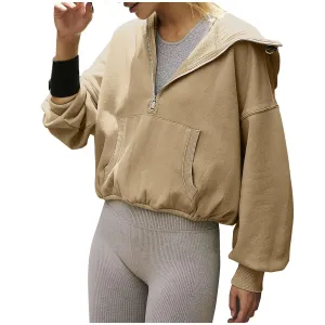 Women Fashion Half Zip Sweatshirts Cropped Hoodies Fleece Pullover Quarter Zip Workout Y2k Teen Girls Casual Tops 2023