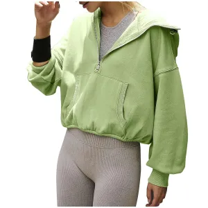 Women Fashion Y2k Teen Girls Half Zip Sweatshirts Fleece Cropped Hoodies Quarter Zip Up Pullover Casual Fall Clothes