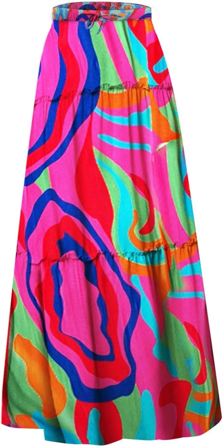 Women Floral Print Boho Maxi Skirt Elastic High Waist Tiered Pleated Flowy Long Summer Casual Skirt