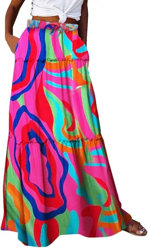 Women Floral Print Boho Maxi Skirt Elastic High Waist Tiered Pleated Flowy Long Summer Casual Skirt