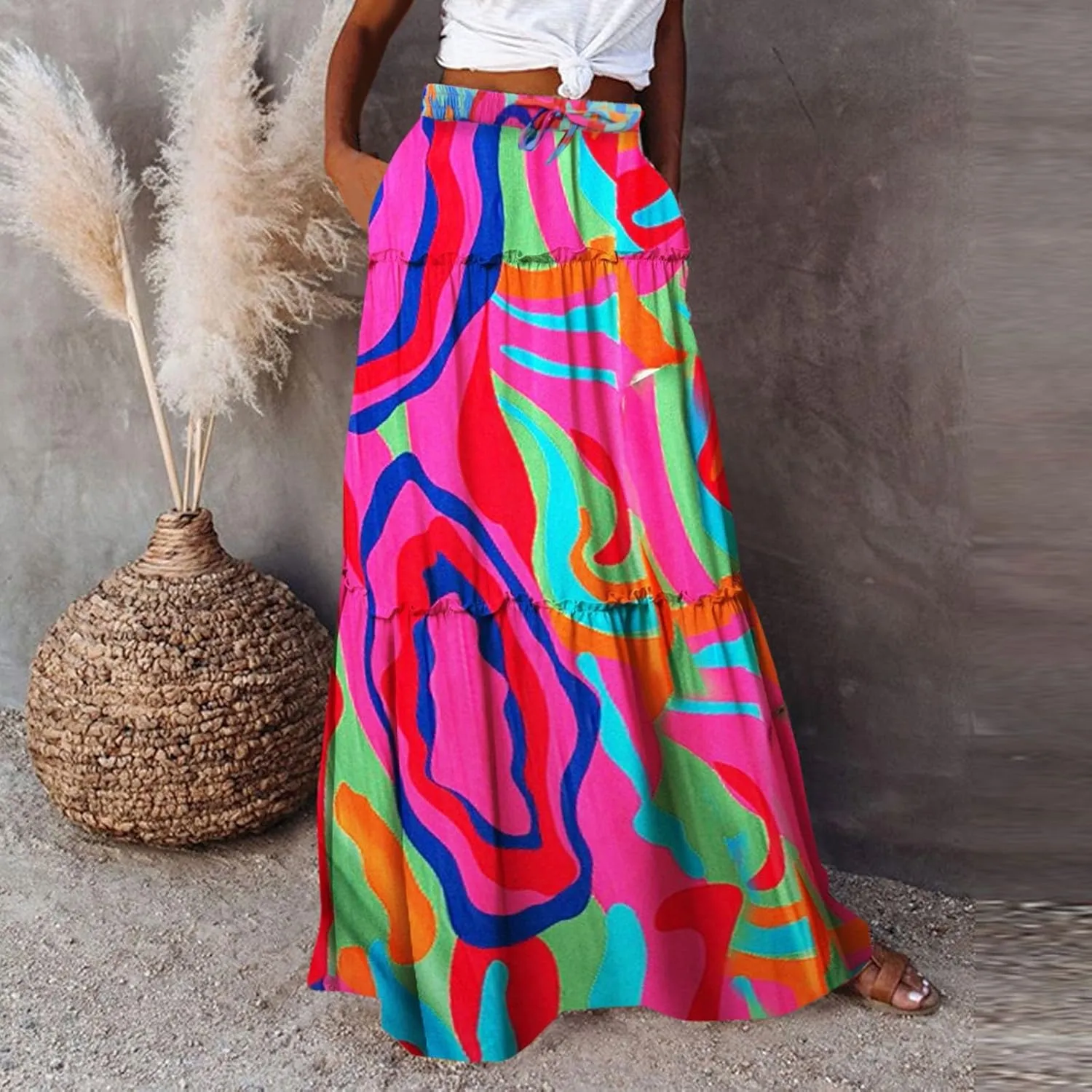 Women Floral Print Boho Maxi Skirt Elastic High Waist Tiered Pleated Flowy Long Summer Casual Skirt