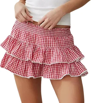 Women Gingham Mini Skirt Y2k Plaid Lace Pleated Short Skirt Halloween Cosplay Costume Men's Sissy Mini Skirt
