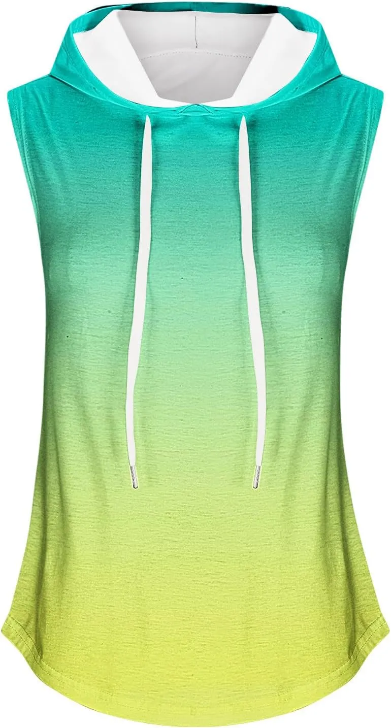 Women Gradient Hooded Tank Top Summer Casual Yoga Running Sleeveless T Shirts Athletic Gym Workout Drawstring Hoodies