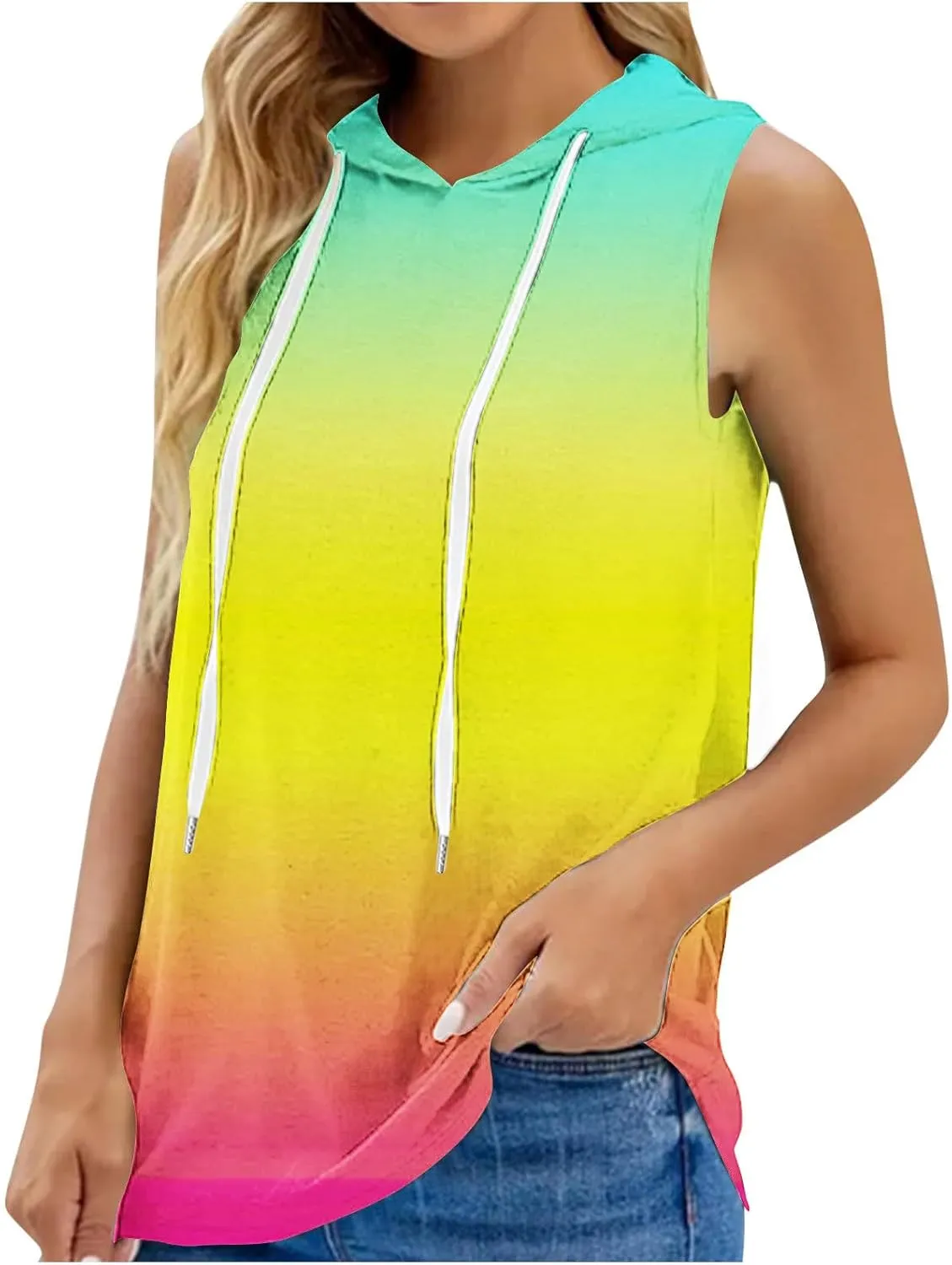 Women Gradient Hooded Tank Top Summer Casual Yoga Running Sleeveless T Shirts Athletic Gym Workout Drawstring Hoodies