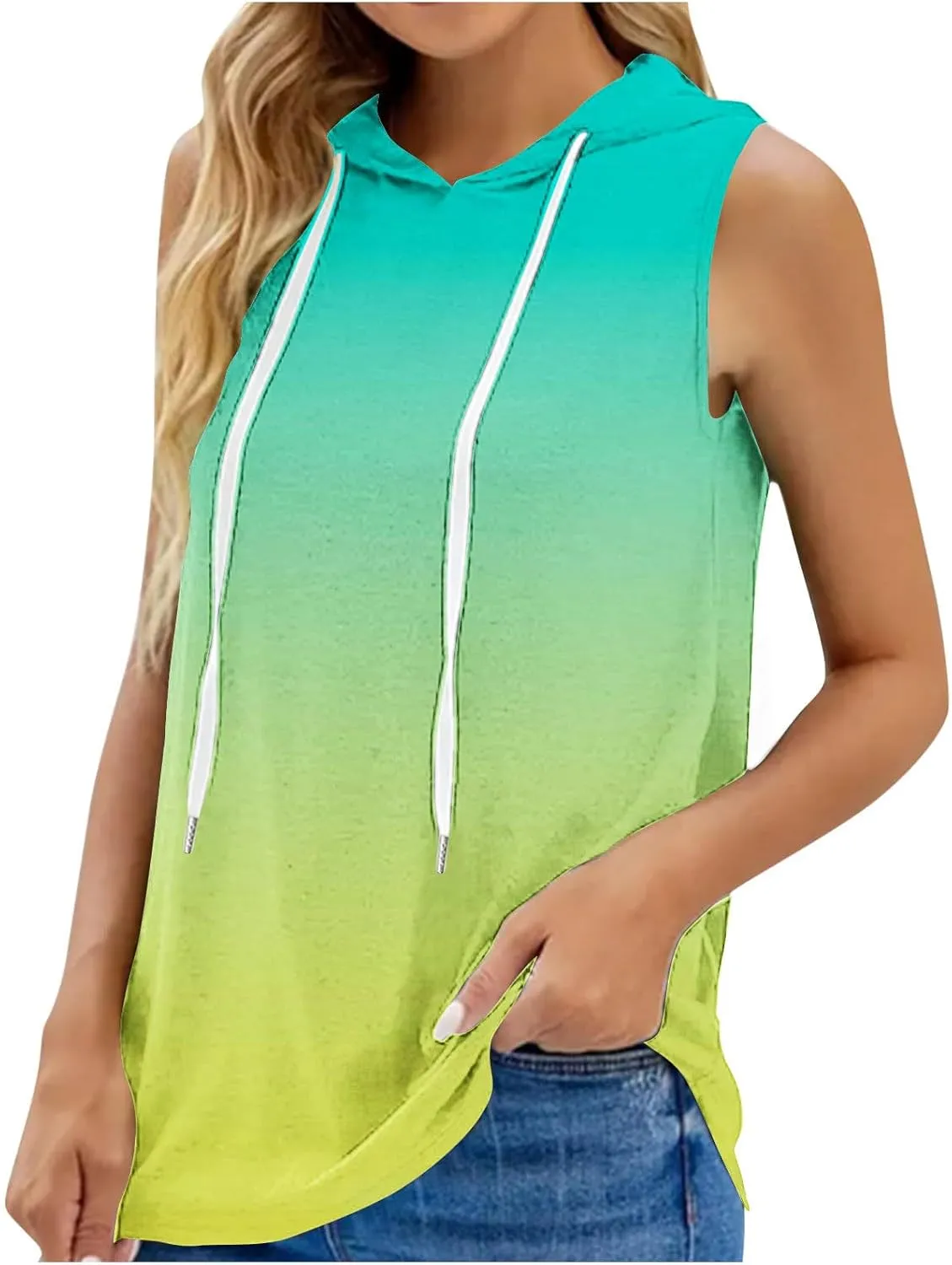Women Gradient Hooded Tank Top Summer Casual Yoga Running Sleeveless T Shirts Athletic Gym Workout Drawstring Hoodies