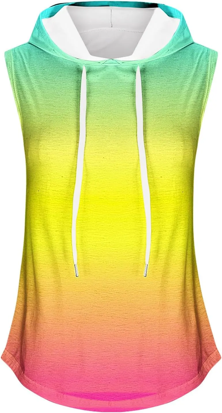 Women Gradient Hooded Tank Top Summer Casual Yoga Running Sleeveless T Shirts Athletic Gym Workout Drawstring Hoodies
