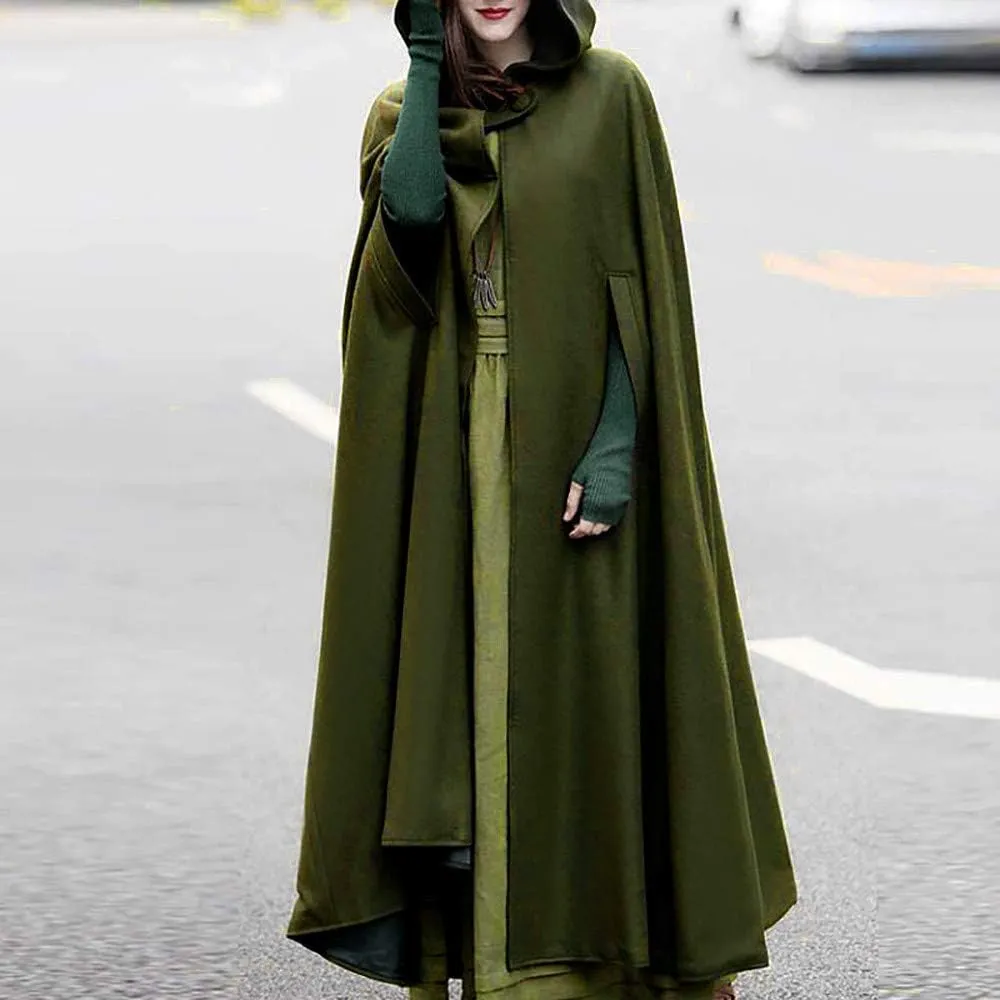 Women Hooded Wool Blend Maxi Long Cape Poncho Maxi Cloak Coat Fall Winter Trench Coat Robe Gothic Plus Size Clothes