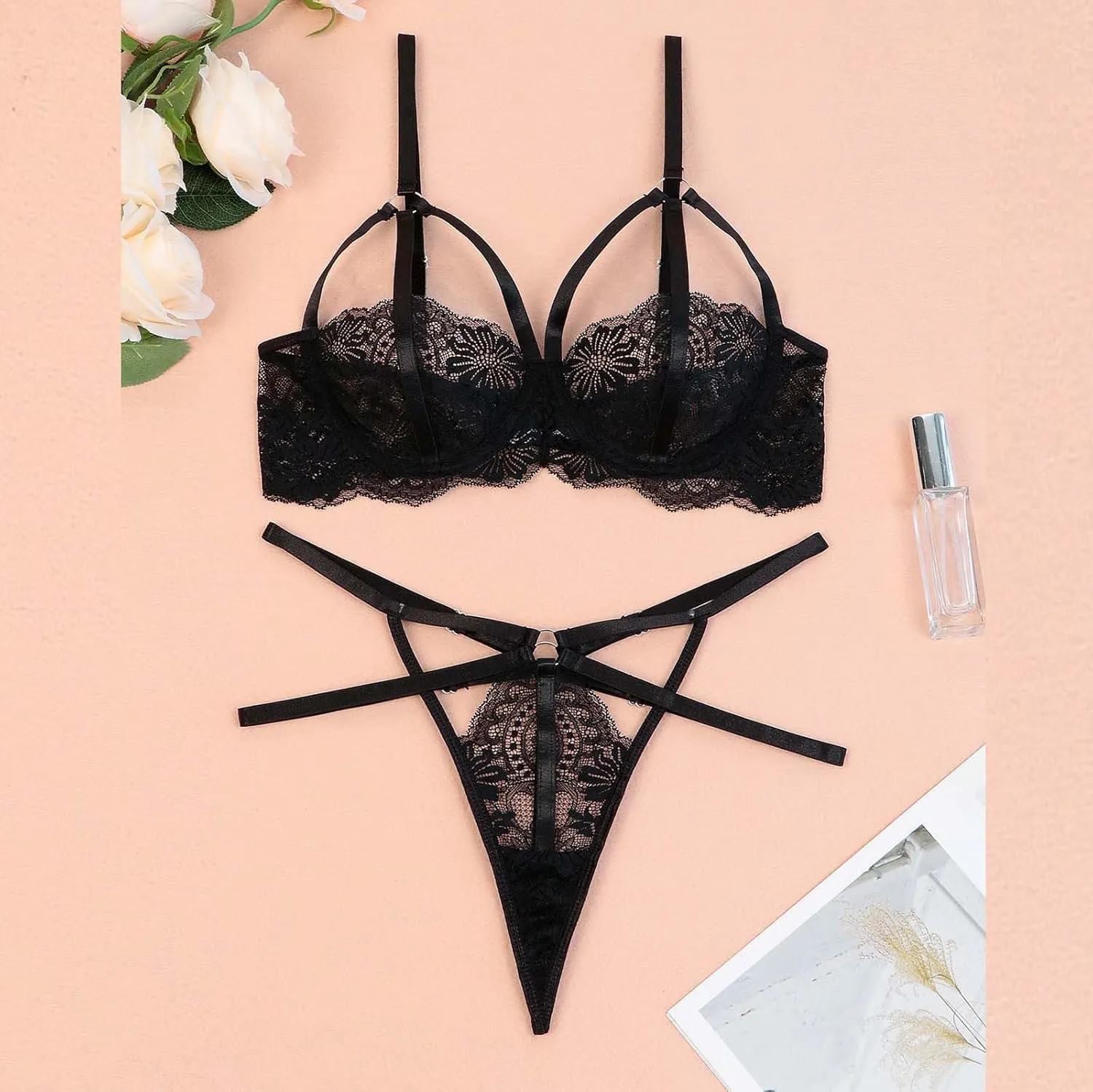 Women Lace Lingerie Set 2 Piece Bralette Bra and Panty Strappy Lingerie Set Sexy Criss Cross Mesh Underwear Negligee