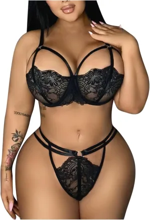 Women Lace Lingerie Set 2 Piece Bralette Bra and Panty Strappy Lingerie Set Sexy Criss Cross Mesh Underwear Negligee