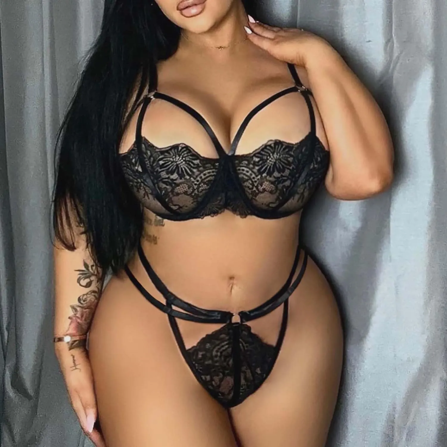 Women Lace Lingerie Set 2 Piece Bralette Bra and Panty Strappy Lingerie Set Sexy Criss Cross Mesh Underwear Negligee