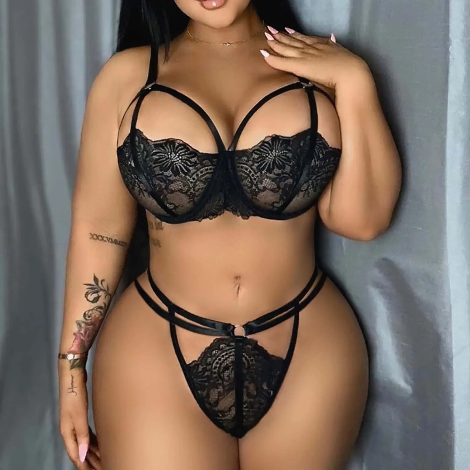 Women Lace Lingerie Set 2 Piece Bralette Bra and Panty Strappy Lingerie Set Sexy Criss Cross Mesh Underwear Negligee