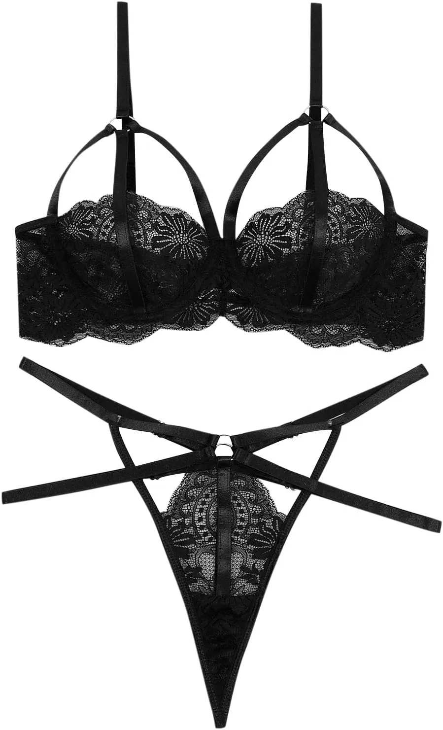 Women Lace Lingerie Set 2 Piece Bralette Bra and Panty Strappy Lingerie Set Sexy Criss Cross Mesh Underwear Negligee
