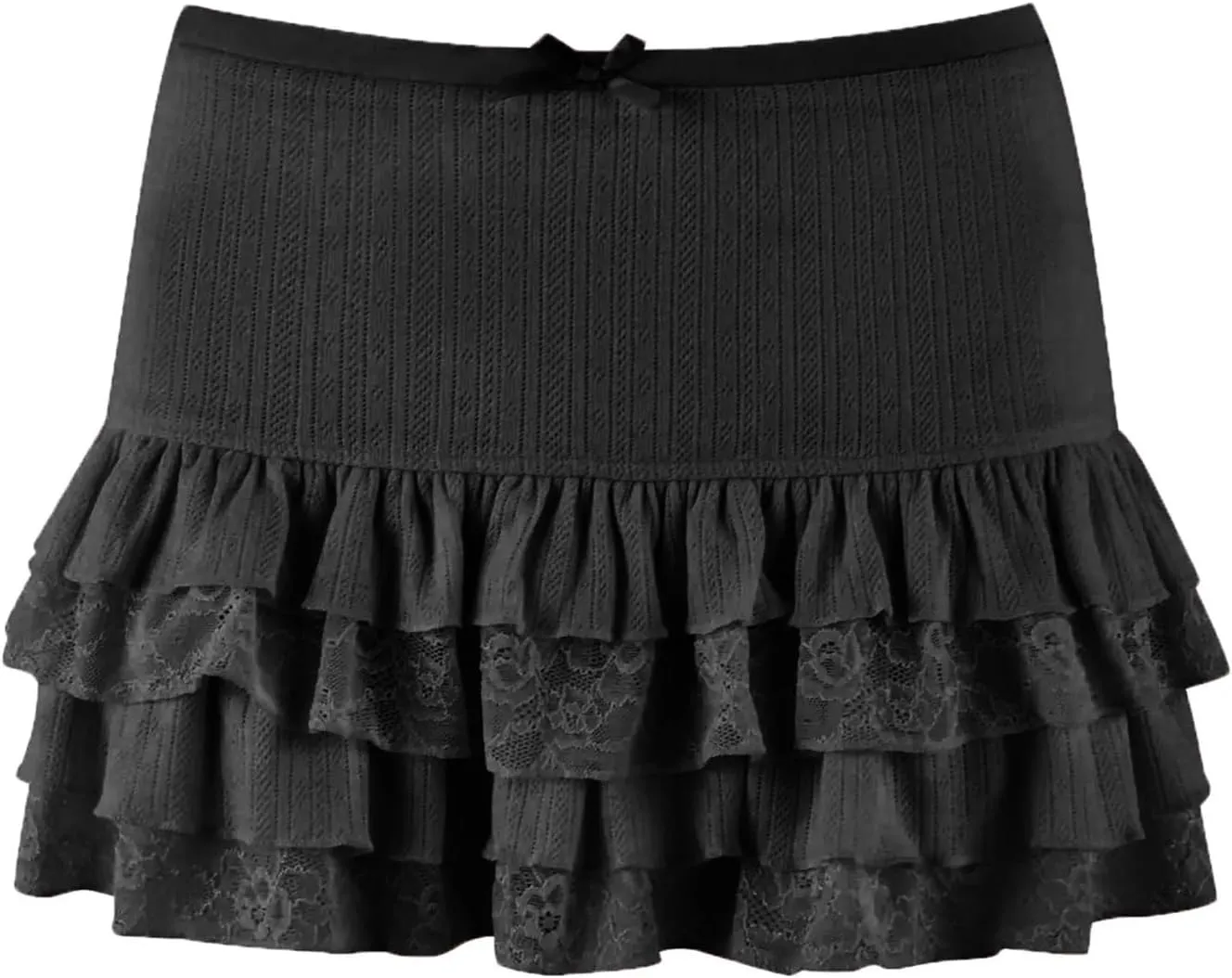 Women Lace Pleated Mini Skirt Low Rise Ruffle Hem Flowy Skirt Y2k Bow Lace Trim Tiered Short Skirt Streetwear