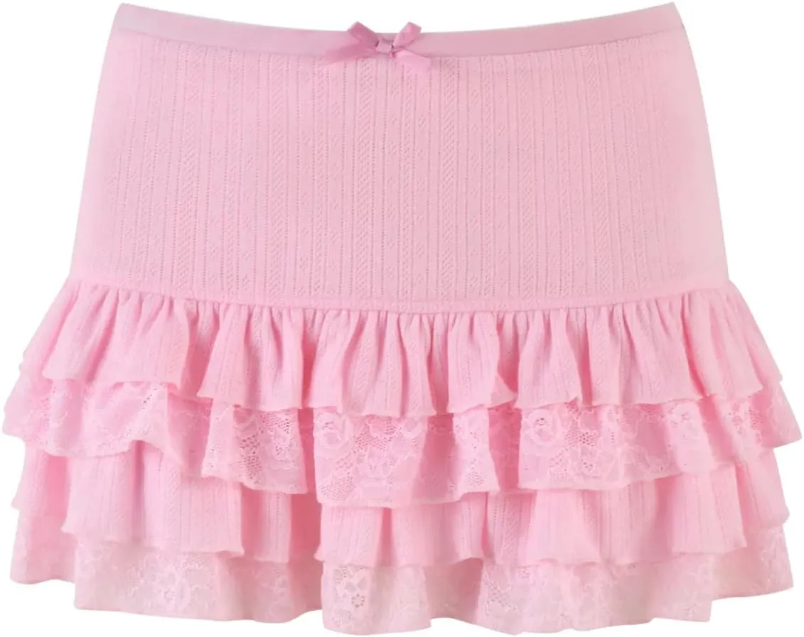 Women Lace Pleated Mini Skirt Low Rise Ruffle Hem Flowy Skirt Y2k Bow Lace Trim Tiered Short Skirt Streetwear