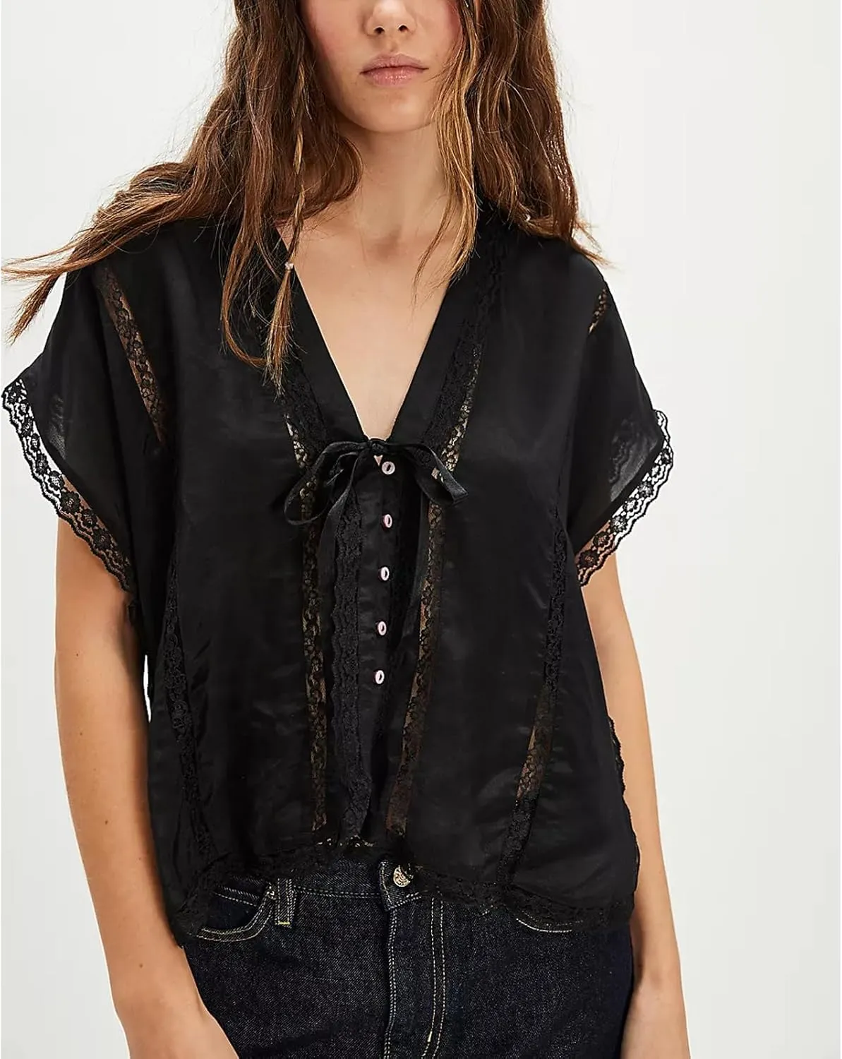 Women Lace Sheer Tank Tops Cropped Tie Strap Button Up Lace Trim Patchwork Cami Vest Cute Y2K Summer Trendy Going Out Top