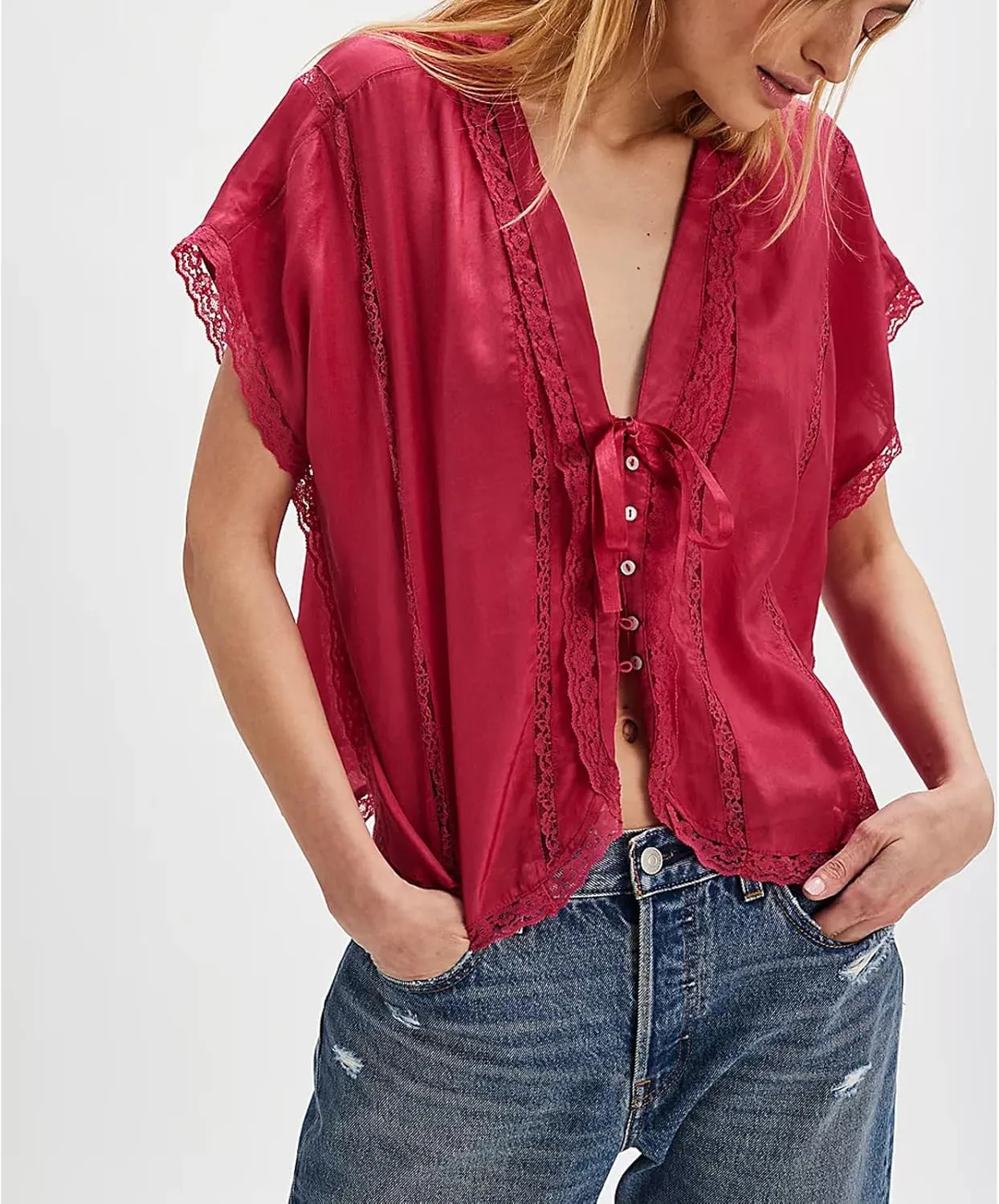 Women Lace Sheer Tank Tops Cropped Tie Strap Button Up Lace Trim Patchwork Cami Vest Cute Y2K Summer Trendy Going Out Top