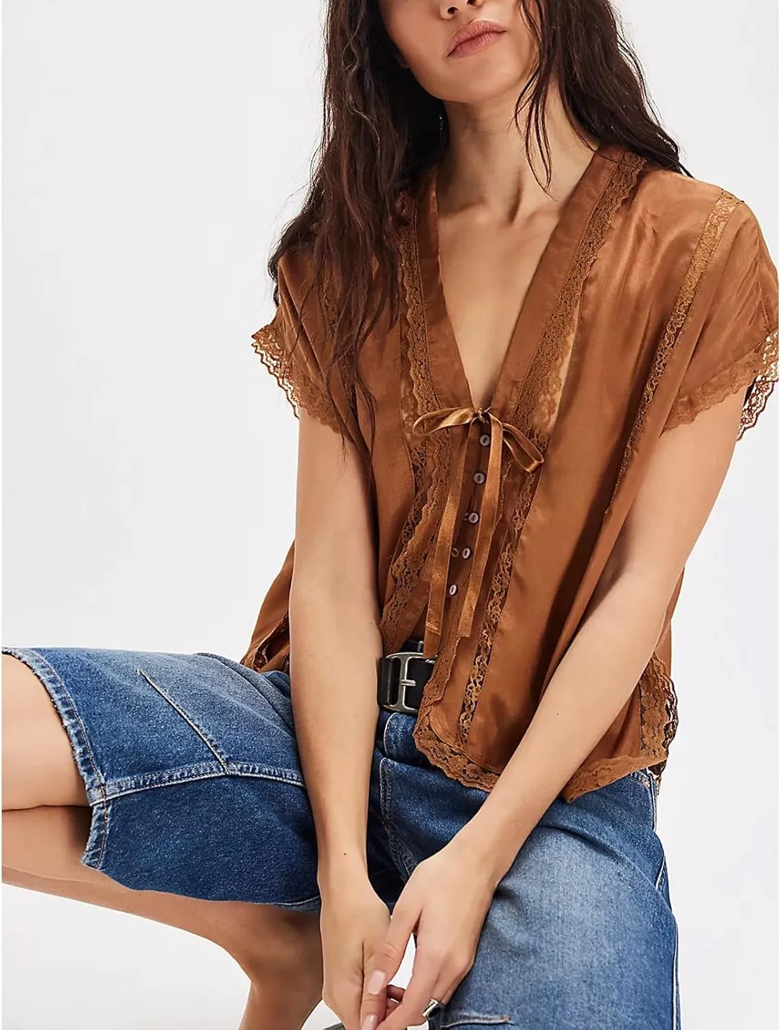Women Lace Sheer Tank Tops Cropped Tie Strap Button Up Lace Trim Patchwork Cami Vest Cute Y2K Summer Trendy Going Out Top
