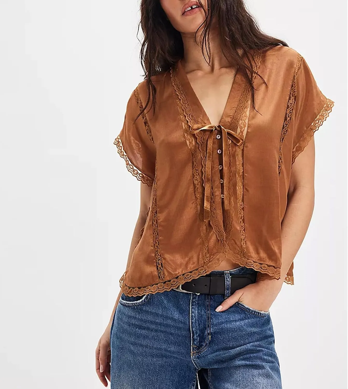 Women Lace Sheer Tank Tops Cropped Tie Strap Button Up Lace Trim Patchwork Cami Vest Cute Y2K Summer Trendy Going Out Top
