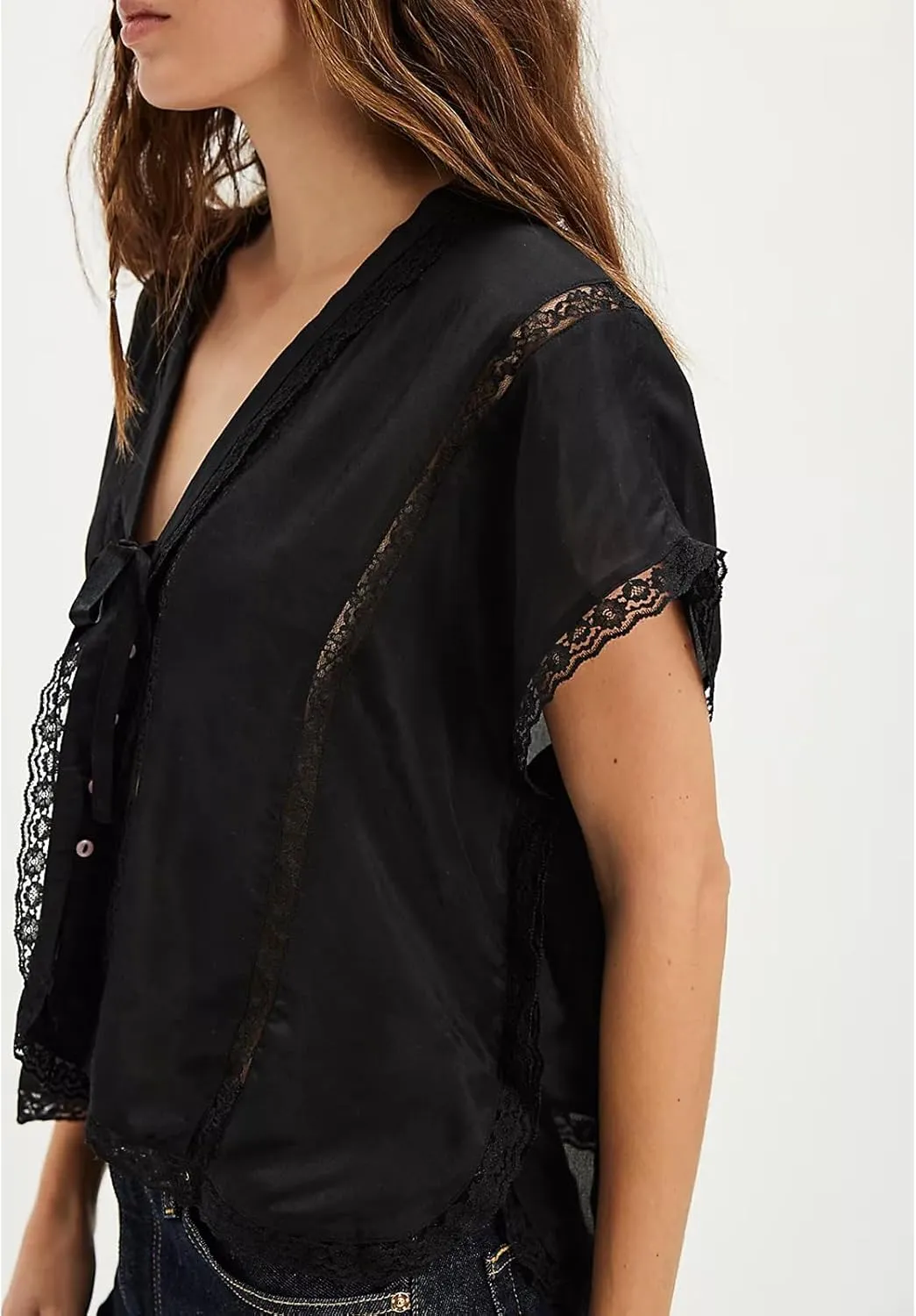 Women Lace Sheer Tank Tops Cropped Tie Strap Button Up Lace Trim Patchwork Cami Vest Cute Y2K Summer Trendy Going Out Top