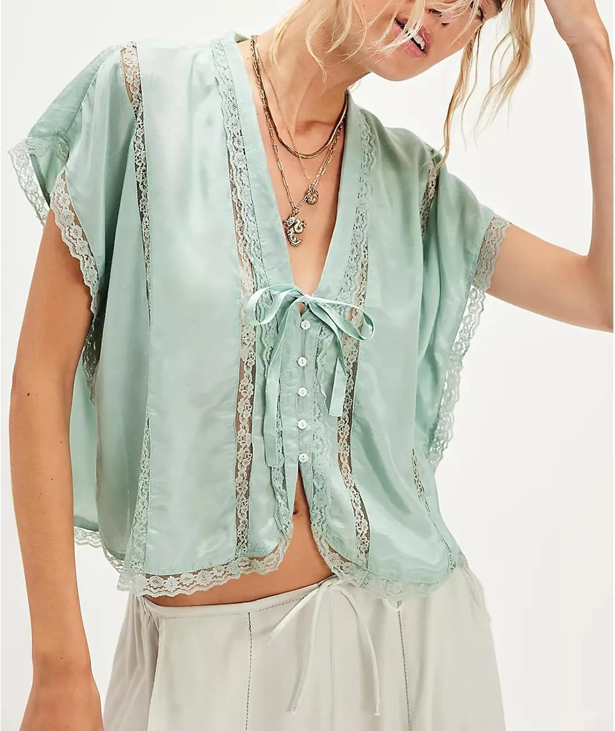 Women Lace Sheer Tank Tops Cropped Tie Strap Button Up Lace Trim Patchwork Cami Vest Cute Y2K Summer Trendy Going Out Top