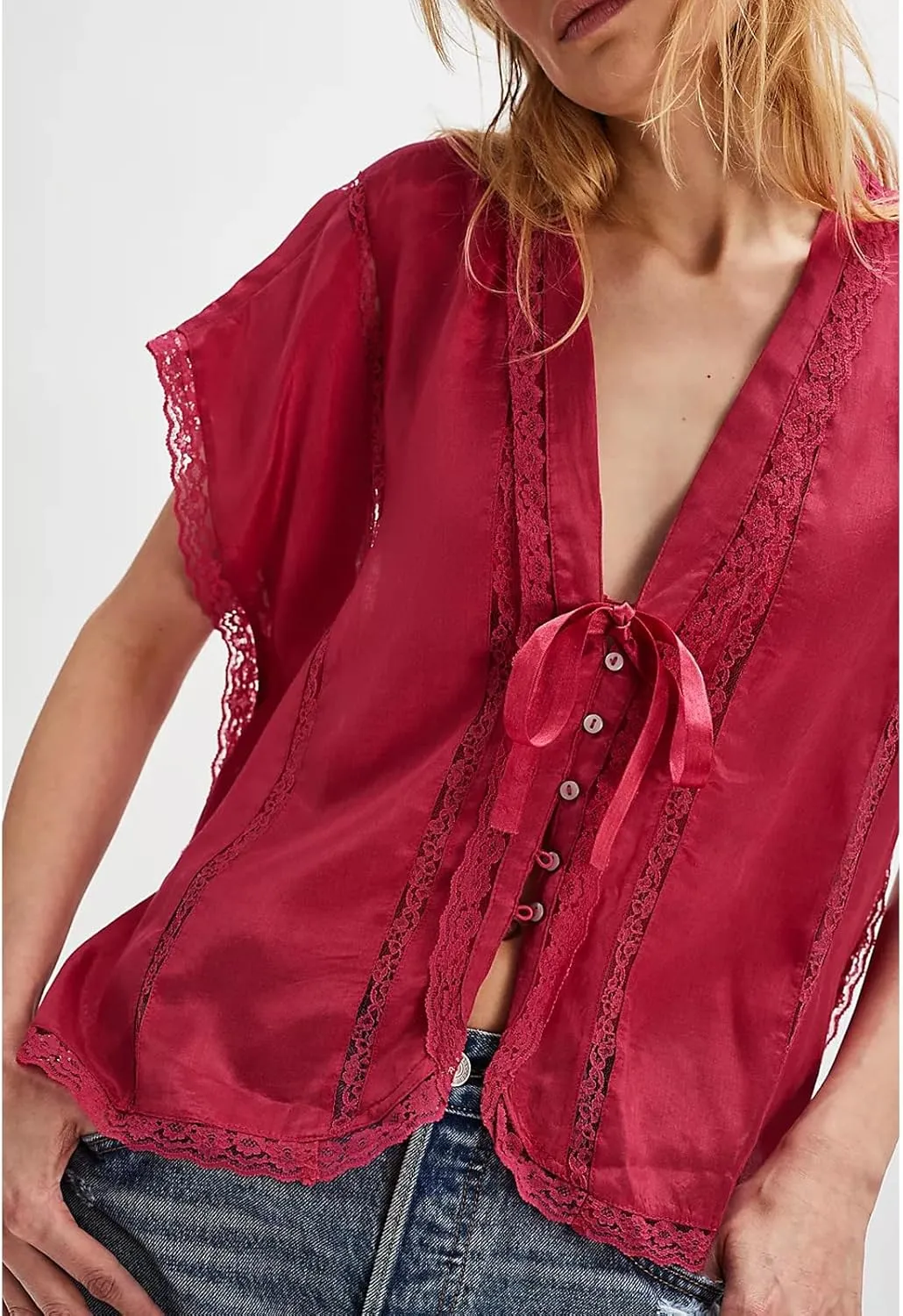 Women Lace Sheer Tank Tops Cropped Tie Strap Button Up Lace Trim Patchwork Cami Vest Cute Y2K Summer Trendy Going Out Top