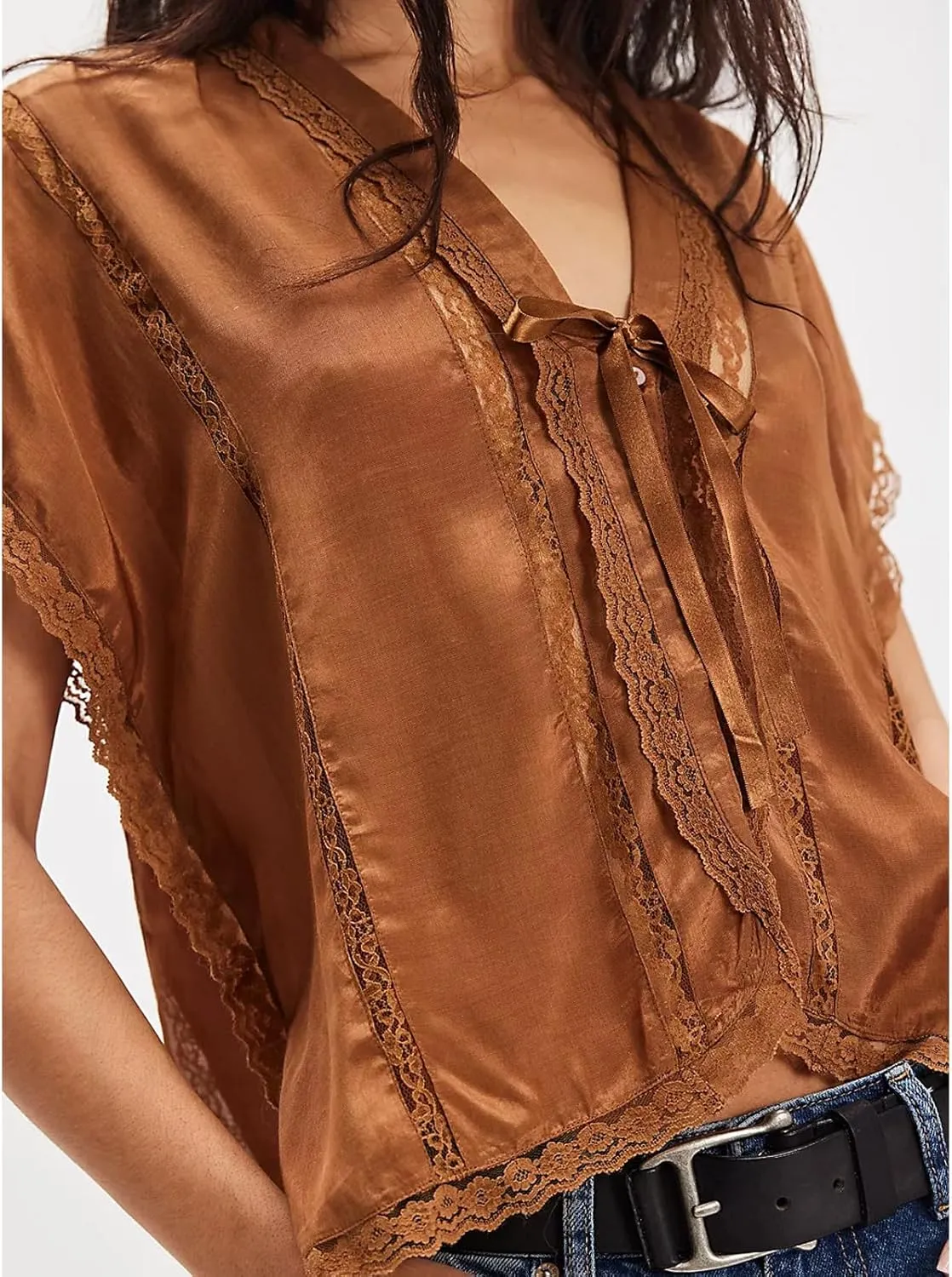 Women Lace Sheer Tank Tops Cropped Tie Strap Button Up Lace Trim Patchwork Cami Vest Cute Y2K Summer Trendy Going Out Top
