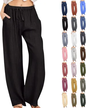Women Linen Pants Wide Leg High Wasited Drawstring Beach Pants with Pockets Casual Loose Summer Lounge Pant