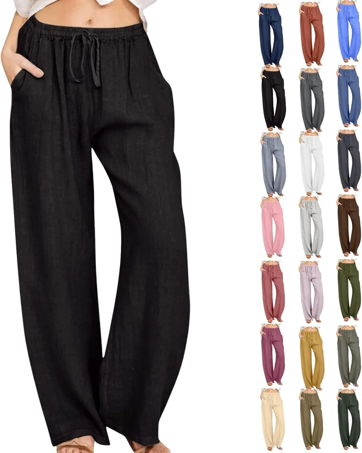 Women Linen Pants Wide Leg High Wasited Drawstring Beach Pants with Pockets Casual Loose Summer Lounge Pant