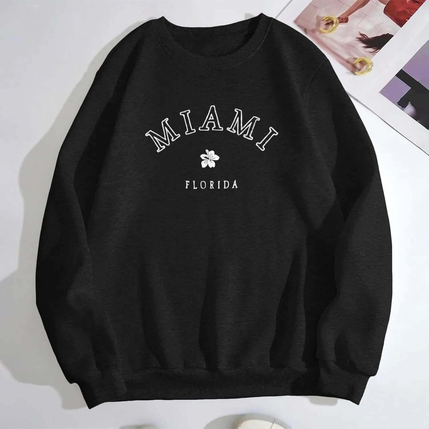 Women Miami Letter Graphic Print Oversized Sweatshirt Fleece Crewneck Long Sleeve Drop Shoulder Pullover Fall Clothes