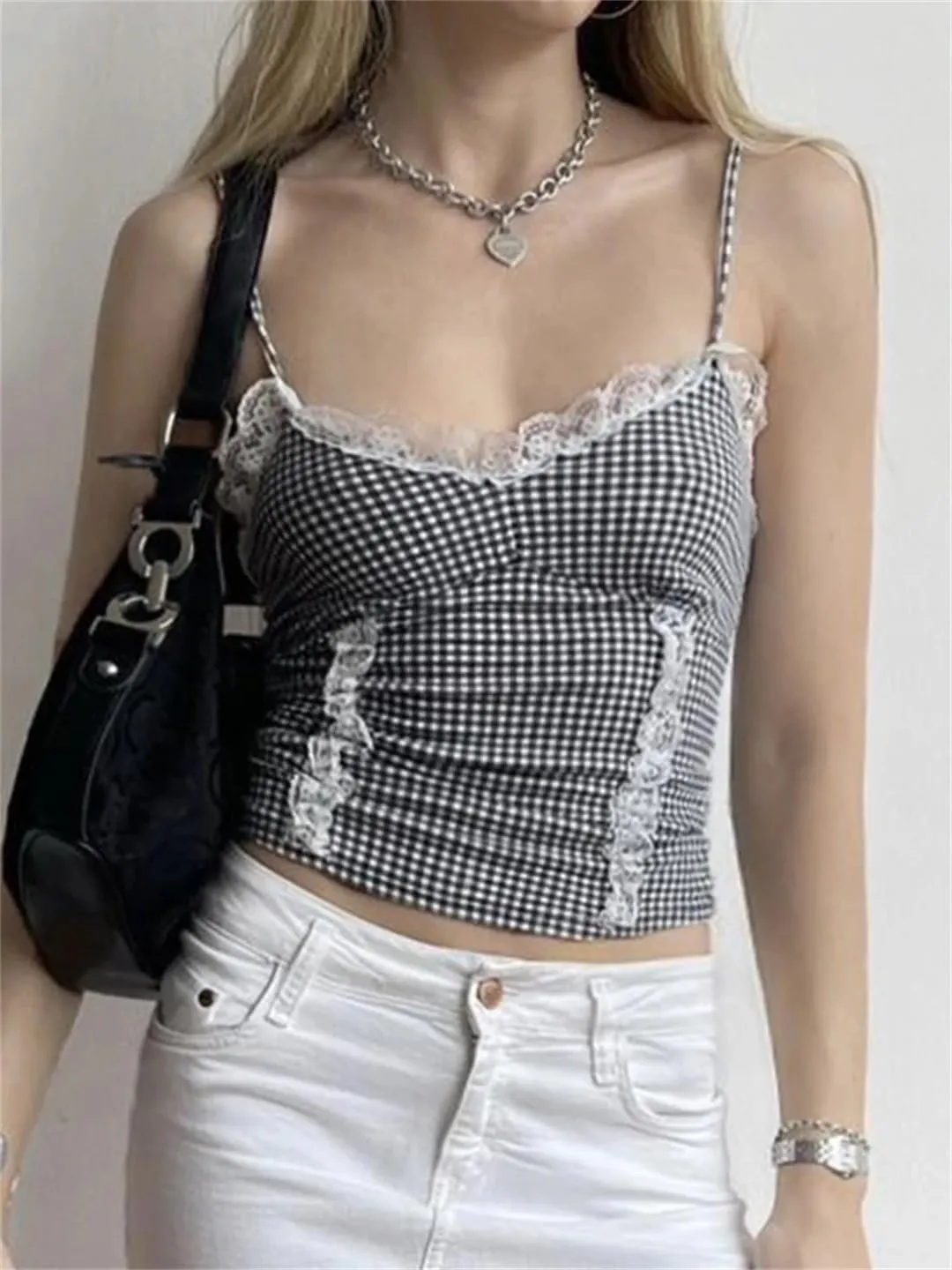 Women Patchwork Lace Trim Camis Top Sexy Slim Slash Neck Sleeveless Tank Tops