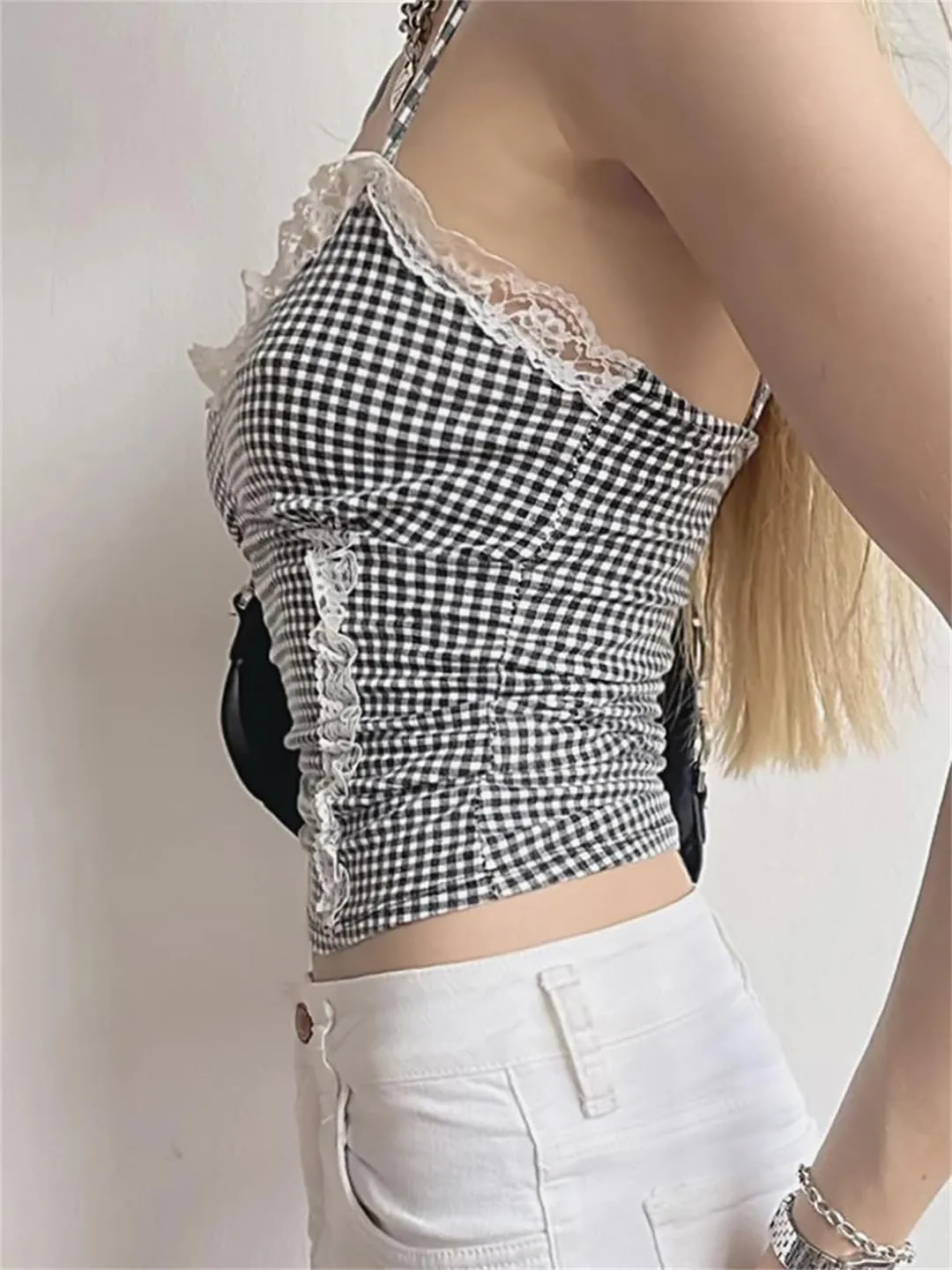 Women Patchwork Lace Trim Camis Top Sexy Slim Slash Neck Sleeveless Tank Tops
