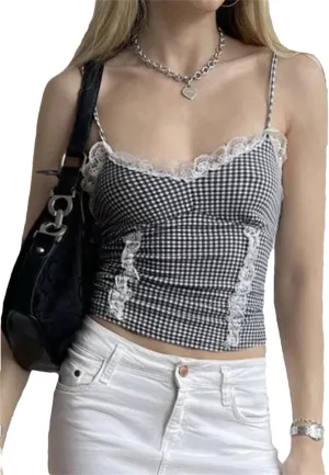 Women Patchwork Lace Trim Camis Top Sexy Slim Slash Neck Sleeveless Tank Tops