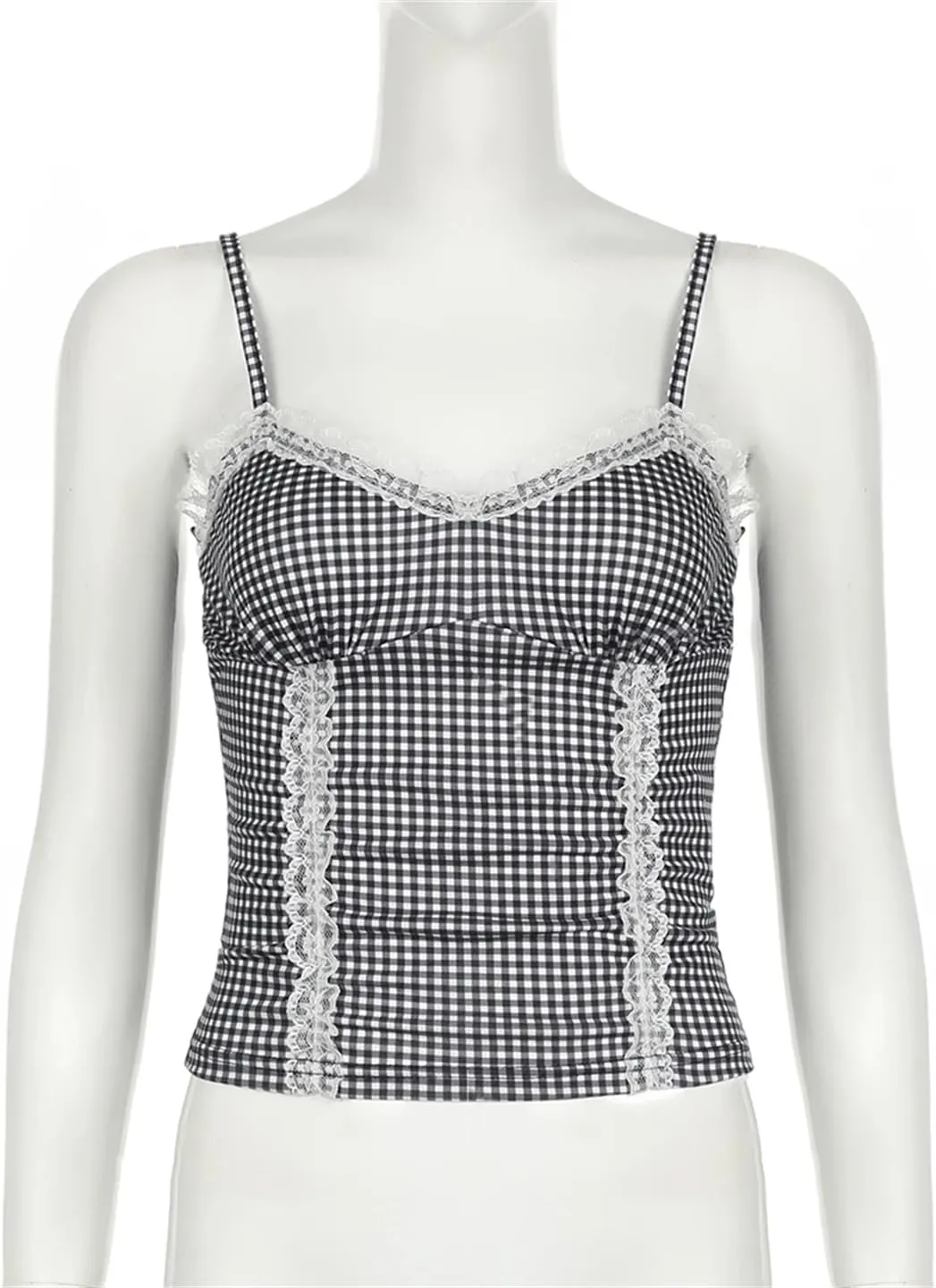 Women Patchwork Lace Trim Camis Top Sexy Slim Slash Neck Sleeveless Tank Tops