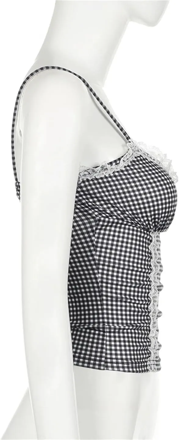 Women Patchwork Lace Trim Camis Top Sexy Slim Slash Neck Sleeveless Tank Tops