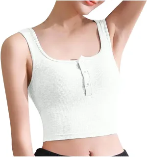 Women Ribbed Crop Tank Tops Button Square Neck Sleeveless Basic Fitted T-Shirt Summer Built in Bra Yoga Henley Vest