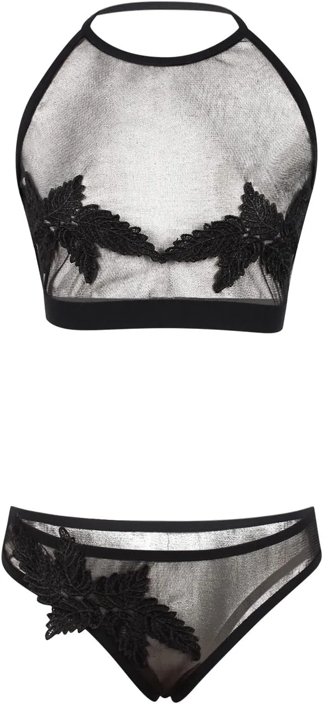 Women Sexy Sheer Mesh Halter Bra and Panty Set See Through Bralette Lingerie Sets 2 Piece Lace Babydoll Underwear