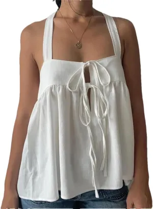 Women Sleevless Loose Backless Crop Tops Front Tie Up Babydoll Peplum Blouse Boho Flowy Vest