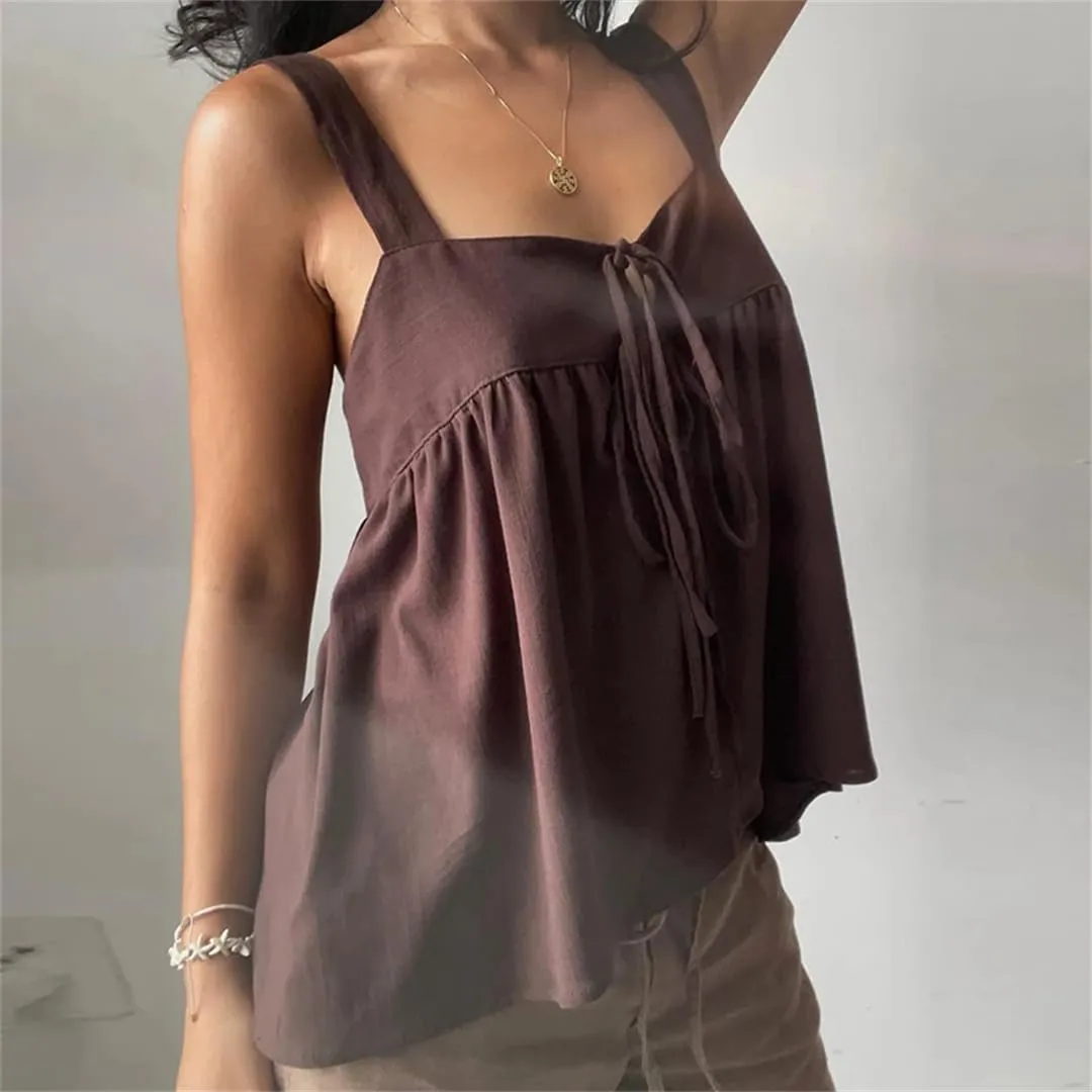 Women Sleevless Loose Backless Crop Tops Front Tie Up Babydoll Peplum Blouse Boho Flowy Vest